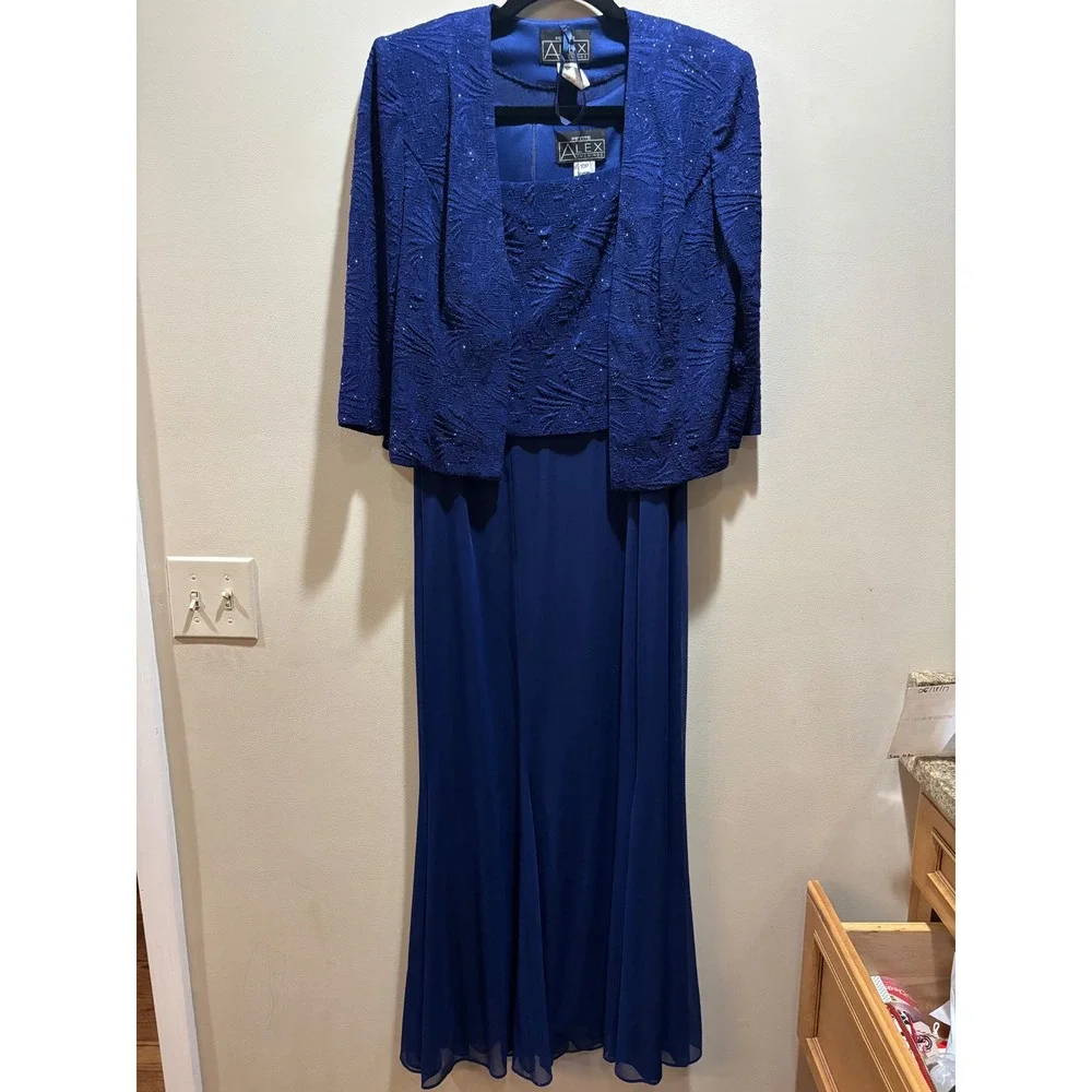 NWT Alex Evenings 10 Petite Blue Embellished Dress & Jacket Set‎ Formal Occasion